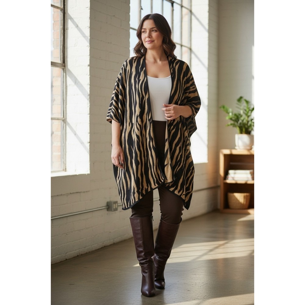 Ashley Stewart 3X Zebra Print Cape Cardigan Sweater Retro Lagenlook Neutrals